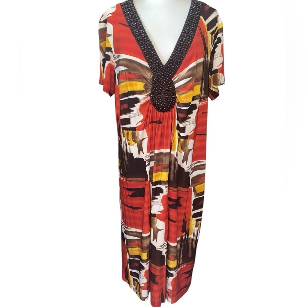 Ashley Stewart dress deep V-neckline w/heavy beadwork below knee size 18/20 NWT